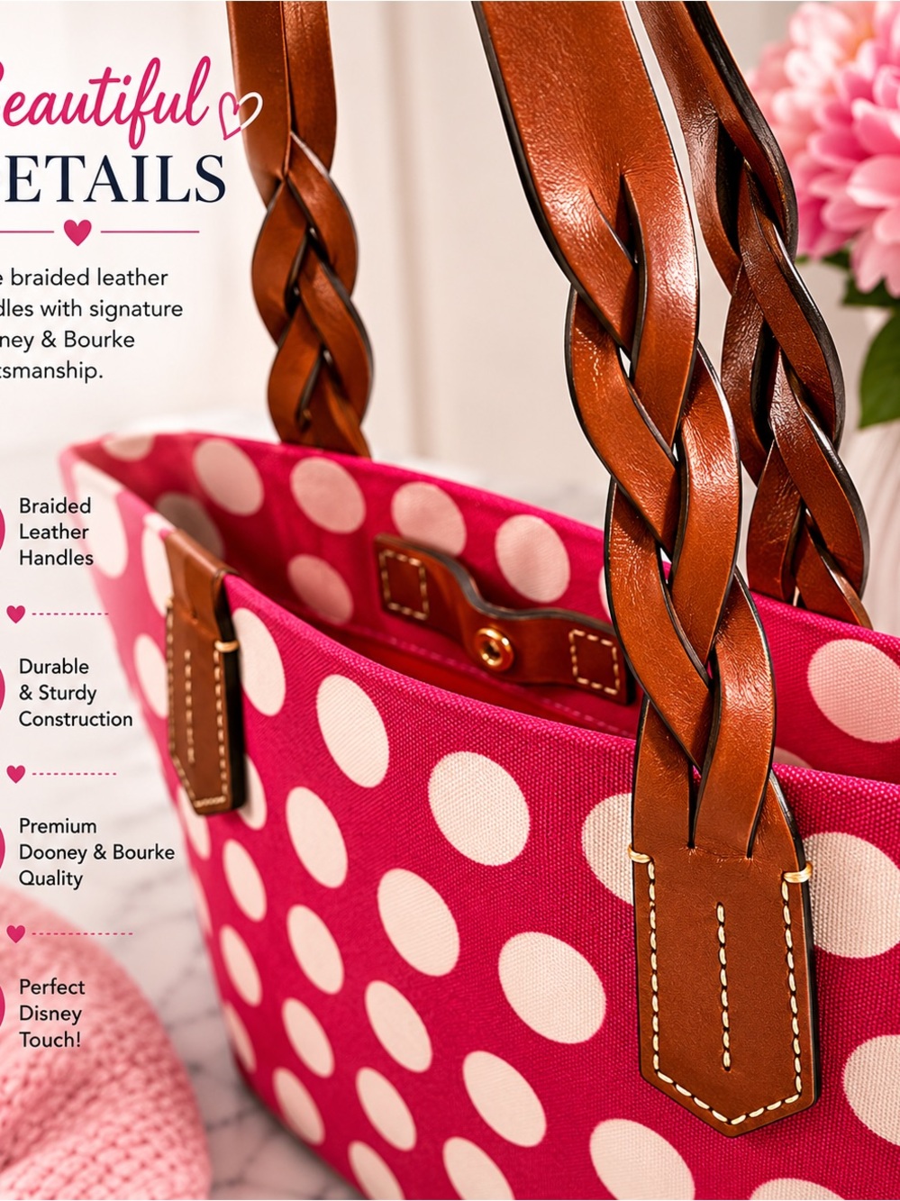 Dooney & Bourke Pink Polka Dot, & Blue Tote with Brown Handles (Rock The Dots) - Picture 6 of 7